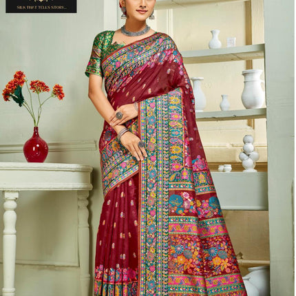 Kashmiri Gulistan Saree on Premium quality Cotton Silk |All over weaving | Maroon with multicolor floral paisley