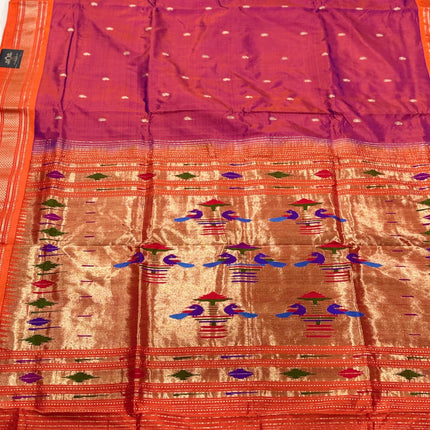 Authentic Maharani Paithani from Yeola| 100% handwoven Pure Silk saree in Magenta Color with light Deep Orange border|Silk Mark Certified