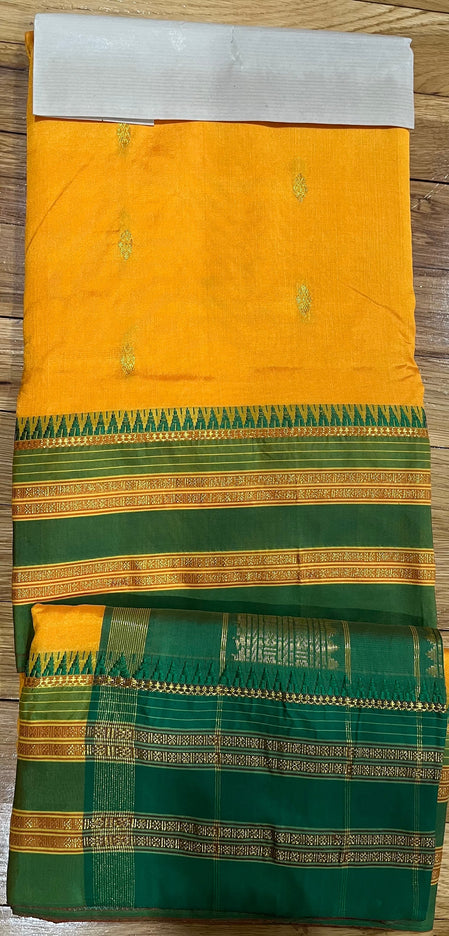 Diwali Special Sale!!! Original Narayan Peth 100% pure silk Saree from Yeola - Mango Yellow with green border|Fall Pico Tassels done