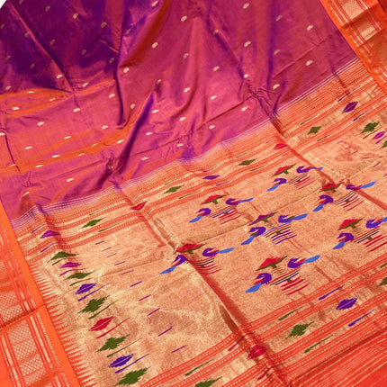 Authentic Maharani Paithani from Yeola| 100% handwoven Pure Silk saree in Magenta Color with light Deep Orange border|Silk Mark Certified