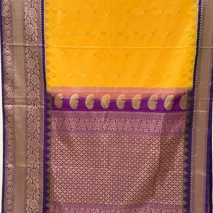 Pure handloom Gadwal semi-Silk Saree | Silk | Bright Yellow  with Purple border