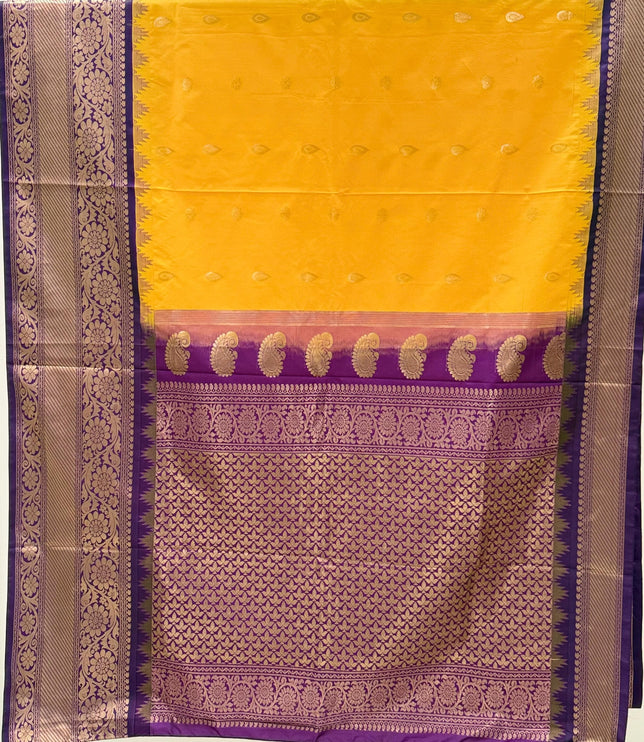 Pure handloom Gadwal semi-Silk Saree | Silk | Bright Yellow  with Purple border