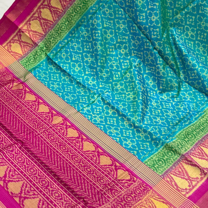 Handloom Rajkot Patol silk saree  with pure silk weaving sareepaired with running silk blouse l  Firozi blue/Magenta pink