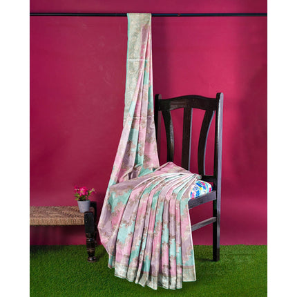 Banarasi satin silk saree  with Rangkat weaving all over the saree paired with satin silk blouse|Pista pink lavender