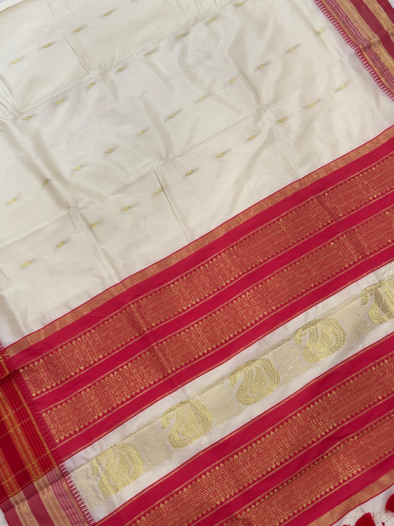 Original Narayan Peth Silk Saree from Yeola(With Unstitched Blouse Piece) - Pearle white | Carrot Red Border Pallu