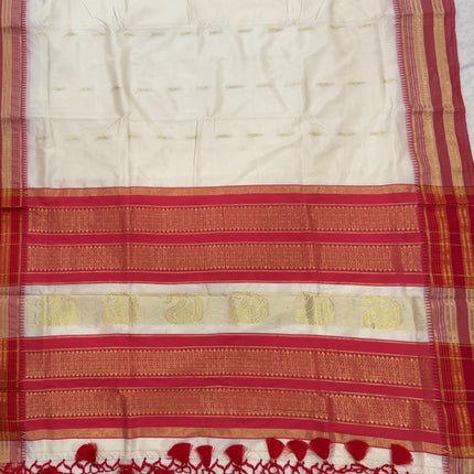 Original Narayan Peth Silk Saree from Yeola(With Unstitched Blouse Piece) - Pearle white | Carrot Red Border Pallu