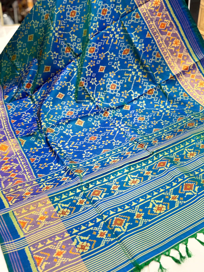 Handloom Designer Rajkot Patol silk saree  with pure silk weaving sareepaired with running silk blouse l  Peacock Blue