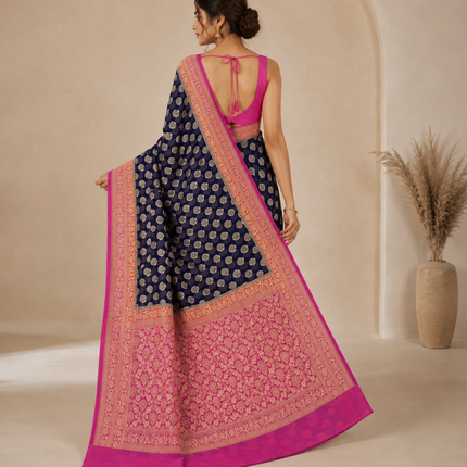 Banarasi Khaddi Georgette Saree: 3D Zari Butta, Deep Blue & Pink