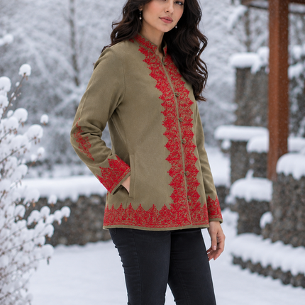 Short hand Sozni embroidered | Luxury wool Jacket | Tan and Red | Size 42