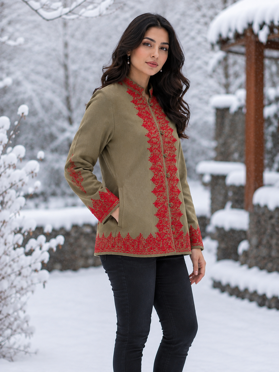 Short hand Sozni embroidered | Luxury wool Jacket | Tan and Red | Size 42