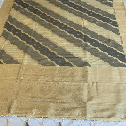 Banarasi Rangkat Silk Saree |Stripes/ small motif weaving all over the saree | Grey/ Beige /with  light golden intricate border