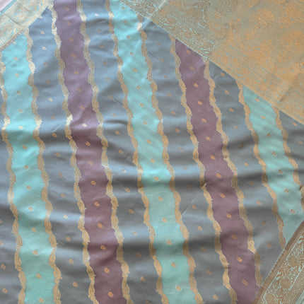 Banarasi Rangkat Silk Saree |Stripes small motif weaving all over | Aqua Blue/Grey/Light Lavender intricate border| fall pico tassels done