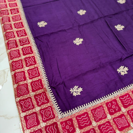 100% Pure Bandhani silk saree|Embroidered  handwork Saree/ Gharchola Pattern/ Purple color with Rani pink border /fall pico done