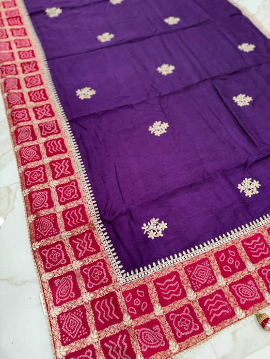 100% Pure Bandhani silk saree|Embroidered  handwork Saree/ Gharchola Pattern/ Purple color with Rani pink border /fall pico done