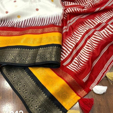 Digital print white color fancy saree | white color saree with multi colored border | Fall Pico ready
