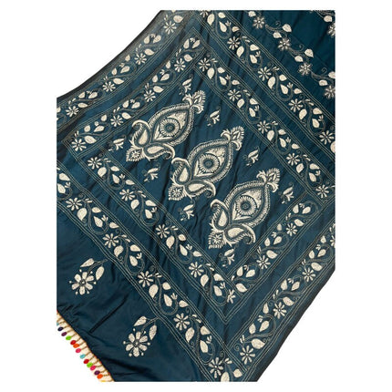 Hand Stitched Kantha Silk Saree | White Thread Kantha stitching | Village Art Work allover | Fall Pico Tassels done