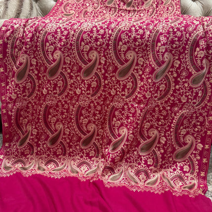 Reel work Embroidery on high grade  Cashmere  | Dark Rani pink | intricate gold work | all over needle work | Stole wrap