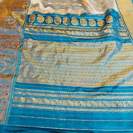 Pure handloom Gadwal Silk Saree | 100% Pure Silk | Silk Mark Certified | Steel Grey with Firozi Blue border