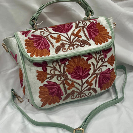 Kashmiri Embroidered Aari work Handbags | short handle | Large Sling Shoulder velvet | suede leather