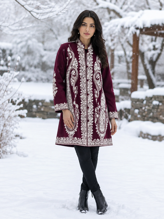 Kashmiri Wool Jacket | Handwoven Embroidered Artwear, Size 44