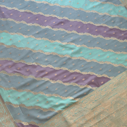 Banarasi Rangkat Silk Saree |Stripes small motif weaving all over | Light Pista/Light Lavender intricate border| fall pico tassels done