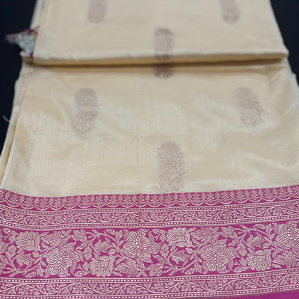 Pure Banarasi Kaduwa Silk Saree | Motifs weaving and beige pearl / dusty pink  border | Hand Woven | Lock weaving| Silk Mark certified