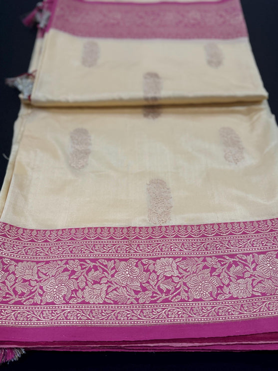 Pure Banarasi Kaduwa Silk Saree | Motifs weaving and beige pearl / dusty pink  border | Hand Woven | Lock weaving| Silk Mark certified