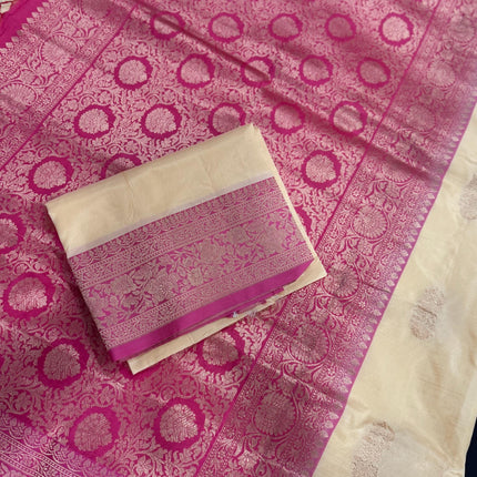 Pure Banarasi Kaduwa Silk Saree | Motifs weaving and beige pearl / dusty pink  border | Hand Woven | Lock weaving| Silk Mark certified