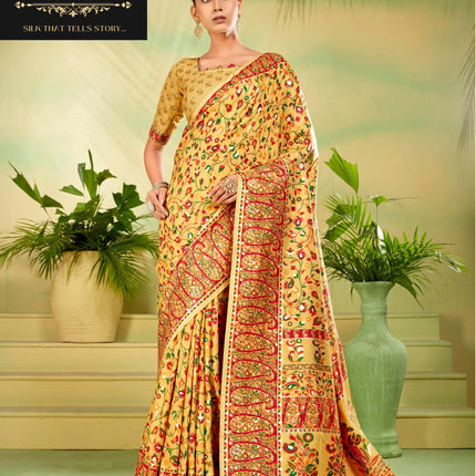 Kashmiri Kalamkari Saree on Premium quality Tussar Silk|Painting with weaving all over |Turmeric Yellow multicolor floral |Fall Pico tassels