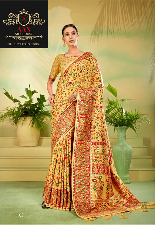 Kashmiri Kalamkari Saree on Premium quality Tussar Silk|Painting with weaving all over |Turmeric Yellow multicolor floral |Fall Pico tassels