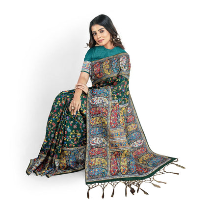 Kashmiri Kalamkari Saree on Premium quality Cotton Silk|Painting with weaving all over |bottl with multicolor floral|Fall Pico tassels done