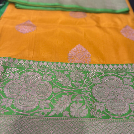 Pure Banarasi Kaduwa Silk Saree | Motifs weaving and bright yellow/light Pista  border | Hand Woven | Lock weaving| Silk Mark certified