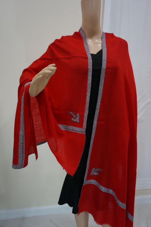 Premium Pashmina Stole with Intricate Border with fine hand embroidery| Very Soft| 100% Pure Pashmina Handspun Stole | Blood Red