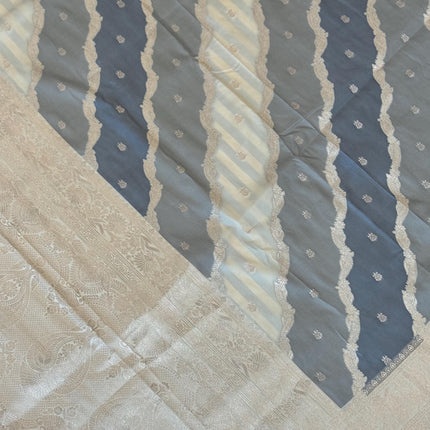 Banarasi Rangkat Silk Saree |Stripes/ small motif weaving all over the saree | Grey/ Beige /with  light golden intricate border