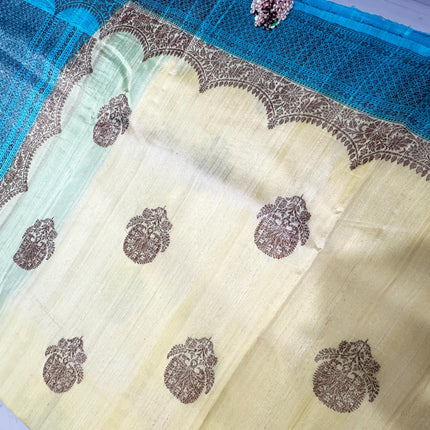 Pure Banarasi Kaduwa Tussar Silk Saree | Motifs weaving and Lemon with Sky blue  border | Hand Woven | Lock weaving| Silk Mark certified