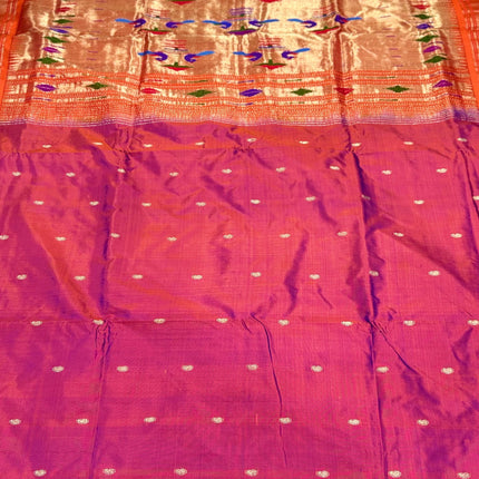 Authentic Maharani Paithani from Yeola| 100% handwoven Pure Silk saree in Magenta Color with light Deep Orange border|Silk Mark Certified
