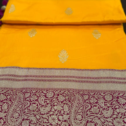 Pure Banarasi Kaduwa Silk Saree | Motifs weaving and bright yellow/magenta  border | Hand Woven | Lock weaving| Silk Mark certified
