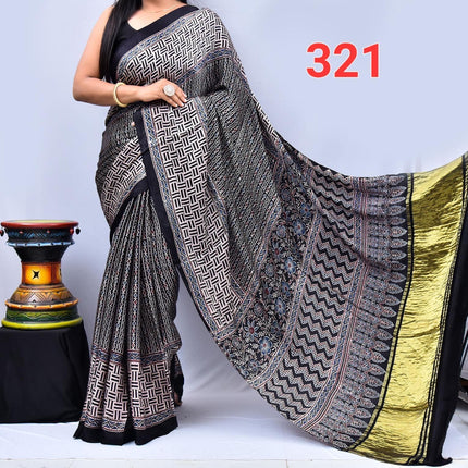 100% Silk  Modal saree  | Hand block Ajrakh print with Blouse piece| fall pico done