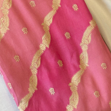 Banarasi Rangkat Silk Saree |Stripes/ small motif weaving all over the saree | Fuschia pink/Light pink/Light golden intricate border