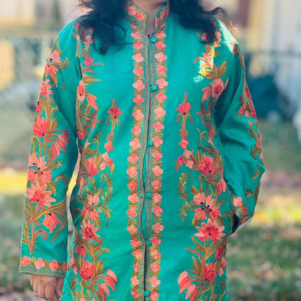 Luxury Aari /Tussar Silk Ladies long Jacket | woven Kashmir Artwear | Statement fashion wear | Kashmir Winter Dresses|kneee length| size 42