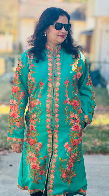 Luxury Aari /Tussar Silk Ladies long Jacket | woven Kashmir Artwear | Statement fashion wear | Kashmir Winter Dresses|kneee length| size 42