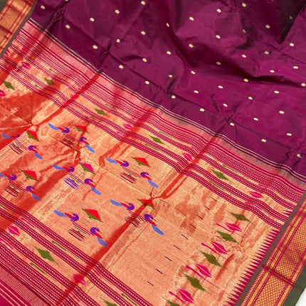 Authentic Maharani Paithani from Yeola| 100% handwoven Pure Silk saree in Maroon Color with light Deep Olive border|Silk Mark Certified