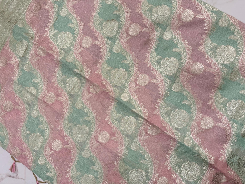 Handloom Banarasi Linen cotton saree  with Rangkat handloom weaving all over the saree | paired with  blouse | Pink/Pista light gold zari