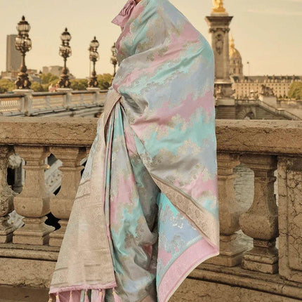 Handloom Banarasi satin silk saree  with Rangkat handloom weaving all over the saree | paired with satin silk blouse | Pink Powder Blue Gray