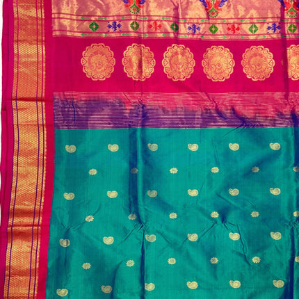 Authentic Kadiyal  Paithani from Yeola| Pure Silk saree in with Duel Rama/ Seagreen  Magenta border with Gold  border|Silk Mark Certified