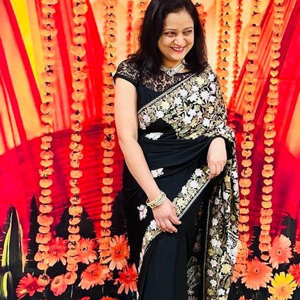 Carbon Black Multicolored Embroidered|Pure ITALIAN CREPE SILK|Parsi Gara   Saree|  Hand Embroidered | Fall pico done