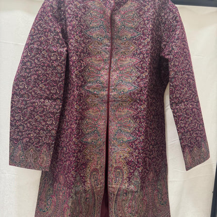 Luxury Kani/Jamawar wool jari Ladies Jacket | woven Kashmir Artwear | Statement fashion wear | all season Dresses|long wine color| size 46