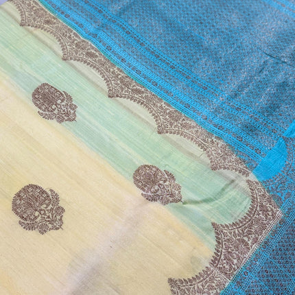 Pure Banarasi Kaduwa Tussar Silk Saree | Motifs weaving and Lemon with Sky blue  border | Hand Woven | Lock weaving| Silk Mark certified