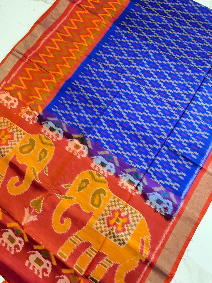 Handloom Ikkat Patol silk saree  with pure silk weaving saree paired with running silk blouse l  Blue saree with orange border