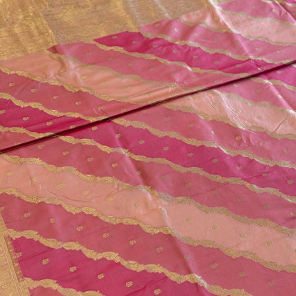 Banarasi Rangkat Silk Saree |Stripes/ small motif weaving all over the saree | Fuschia pink/Light pink/Light golden intricate border